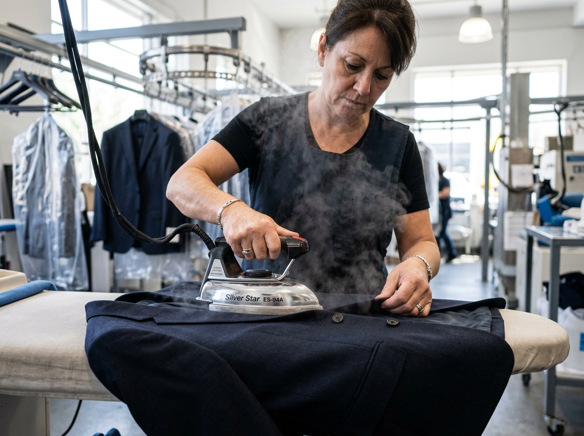 Expert hands verifying steam iron quality and garment care